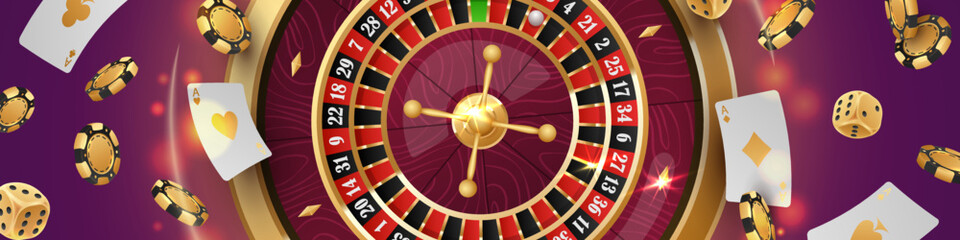 Banner with Golden casino roulette, wheel in the center with flying poker chips, tokens, white playing cards, dices, around on purple background with lights, bokeh. Vector illustration.