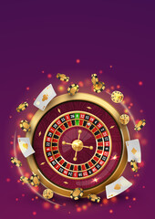 Сasino roulette with gold poker chips, tokens, white playing cards, dices, around, on purple background with golden lights, glare, sparkles. Vector illustration for casino, game design, advertising.