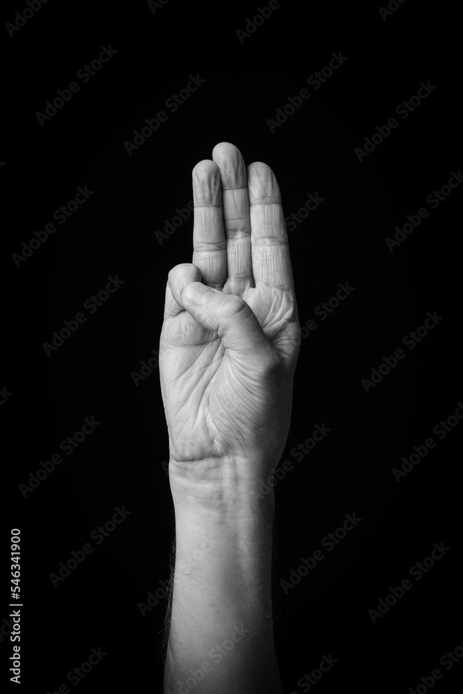 Wall mural Hand demonstrating the Arabic sign language letter 'ث' or 'Tha'