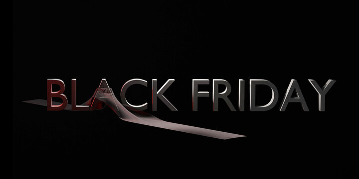 Black Friday web banner with text and ribbon on black background. 3D render illustration.