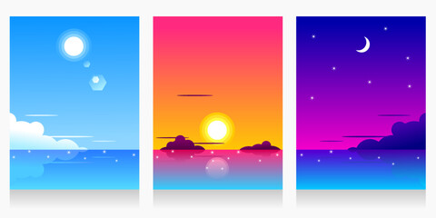 Fototapeta na wymiar three landscapes set of beach nature view, flat vector illustration.afternoon, evening, night. backgrounds.