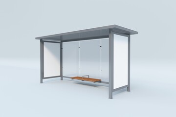 3D rendering of a modern simple bus stop with wooden seats side view on white background