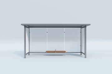 3D rendering of a modern simple bus stop with wooden seats on white background