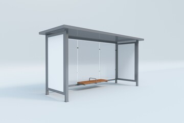 3D rendering of a modern simple bus stop with wooden seats side view on white background