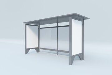 3D rendering of a modern simple bus stop side view on white background