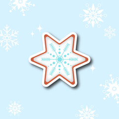 vector illustration. Sticker of a gingerbread cookie for Christmas and New Year. background with snowflakes. Element for design and decor.