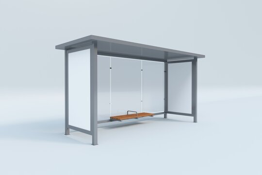 3D Rendering Of A Modern Simple Bus Stop With Wooden Seats Side View On White Background