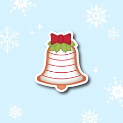 vector illustration. Sticker of a gingerbread cookie for Christmas and New Year. background with snowflakes. Element for design and decor.