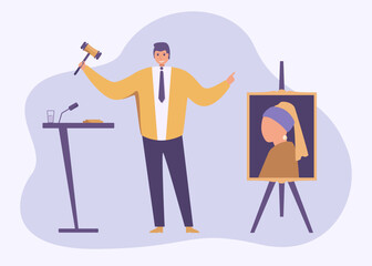 Man auctioneer hold gavel and sell painting at auction