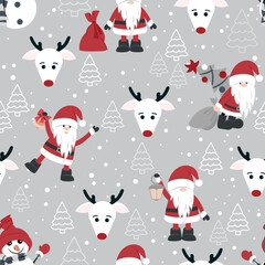 Cute Christmas pattern with Santa Claus, Christmas trees and reindeer. Seamless vector pattern. Suitable for textiles and wrapping paper.