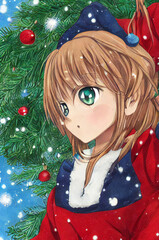 Ilustración digital, estilo anime, de una chica con ropa navideña y árbol de navidad.