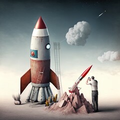Innovation and Startup Concept. Nerd Larry launches a rocket. 3d illustration.