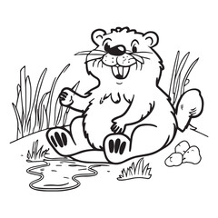 Happy beaver playing outside. Coloring book for children. Cartoon outline illustration. Black and white vector drawing. Happy wild animal in nature. Fun isolated coloring page. Comic cute sketch