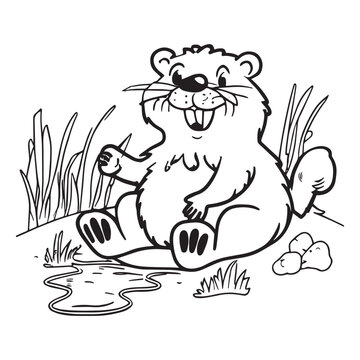 recommend clip art: Happy beaver playing outside. Coloring book for children. Cartoon outline illustration. Black and white vector drawing. Happy wild animal in nature. Fun isolated coloring page. Comic cute sketch