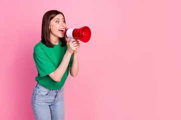 Profile portrait of cheerful nice girl hands hold megaphone look empty space isolated on pink color background