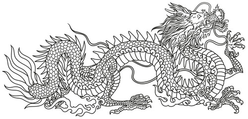 Fototapeta na wymiar Chinese or Eastern dragon. Traditional mythological creature of East Asia. Tattoo.Celestial feng shui animal. Side view. Graphic line art vector illustration