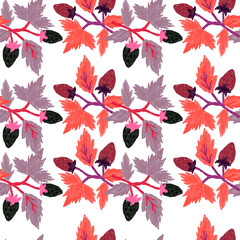 Freehand wild strawberry branch seamless pattern. Hand drawn wild berries floral wallpaper. Strawberry plant endless backdrop.