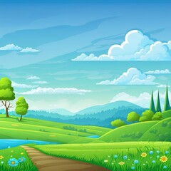 Nature landscape 2r illustrated illustration with cartoon style. Beautiful spring landscape cartoon with green grass and blue sky