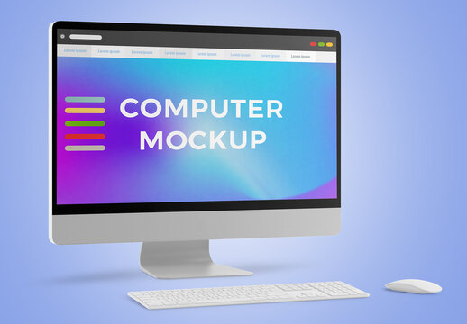 Computer Mockup with Keyboard and Mouse - Half Side View