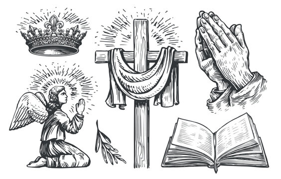 Christian cross, Praying angel, open Holy Bible, Hands in prayer, Crown of the king of God. Religion concept, symbols