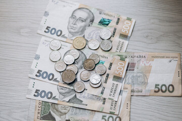 Paper and metal coin money of Ukraine. Currency of Ukraine. Ukrainian hryvnia pennies. 500 hryvnia.