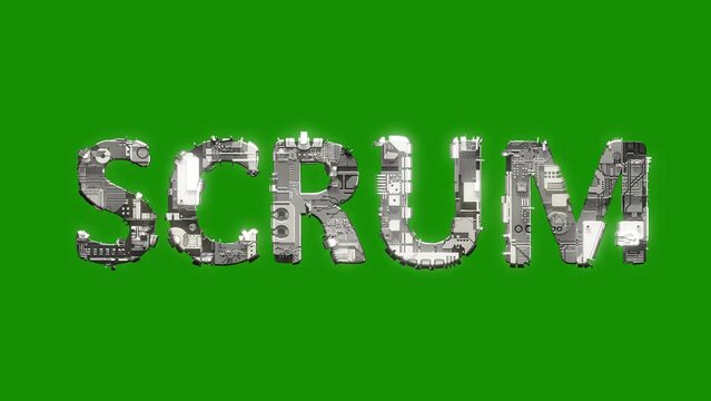silver grey cybernetical text SCRUM with animation on green screen, isolated - loop video