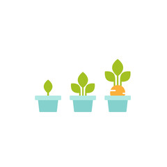3 plant in pots with green leaves and ripe carrot. Growing process vector flat icon. Income, money growth, investment metaphor. Isolated on white. Harvest, product, offspring.