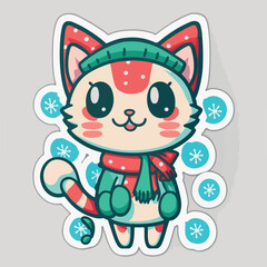 Sticker template with christmas cat, xmas kitty character stickers. New-year holidays