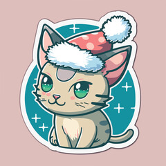 Sticker template with christmas cat, xmas kitty stickers isolated decoration. New-year collection