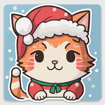 Sticker template with christmas cat, xmas kitty printable stickers sheet. New-year holidays