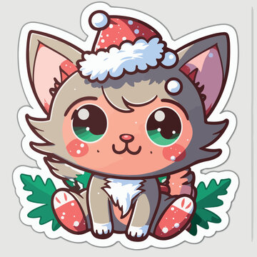 Sticker template with christmas cat, xmas kitty stickers elements. New-year collection