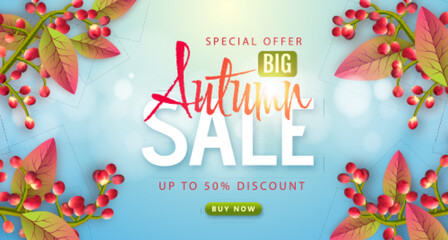 Fototapeta na wymiar Autumn big sale typography poster with autumn leaves. Nature concept. Vector illustration