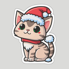 Fototapeta premium Christmas cat cartoon sticker, xmas kitty stickers with ornament. Winter holidays