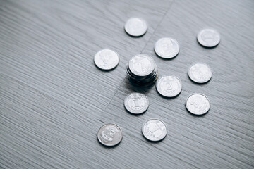 Metal coin money of Ukraine. Currency of Ukraine. Ukrainian hryvnia pennies. 500 hryvnia.