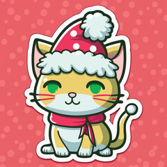 Christmas cat cartoon sticker, xmas kitty printable stickers sheet. Multicolor