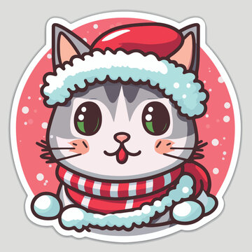 Christmas cat sticker, xmas kitty printable stickers sheet. Winter holidays