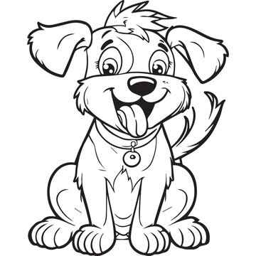 Cute happy cartoon dog illustration. Vector outline for of cute pet. Drawing book for children. Kids design. Funny isolated animal. Little cheerful clipart. Contour for coloring. School education game