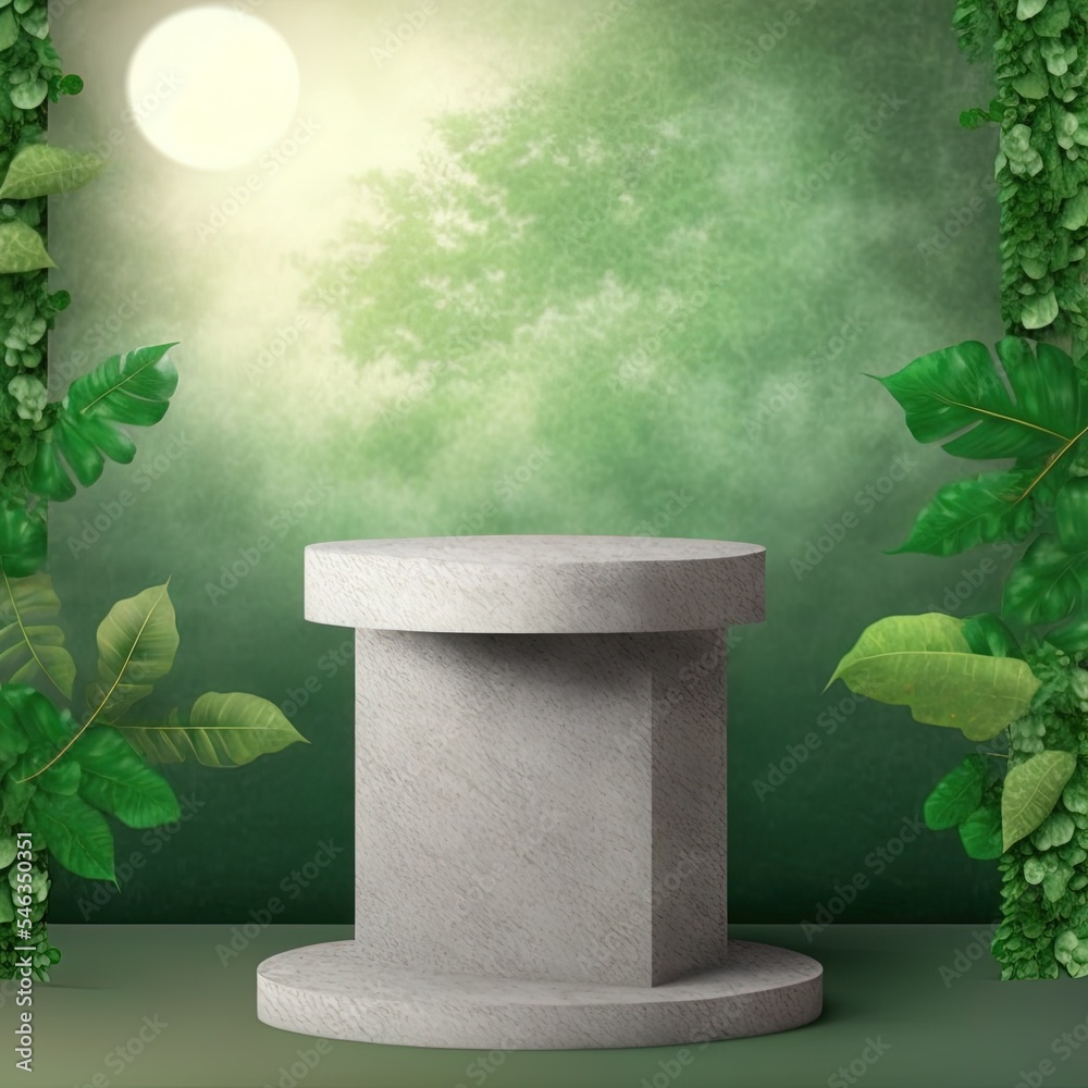 Sticker Natural stone and concrete podium in Natural green background for Empty show for packaging product presentation Background for cosmetic products, the scene with green leaves Mock up the pedestal , ani