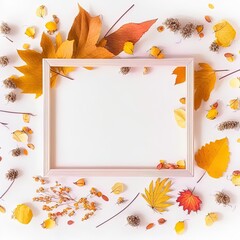 Autumn composition Photo frame, dried flowers and leaves on white background Autumn, fall concept Flat lay, top view, copy space , anime style