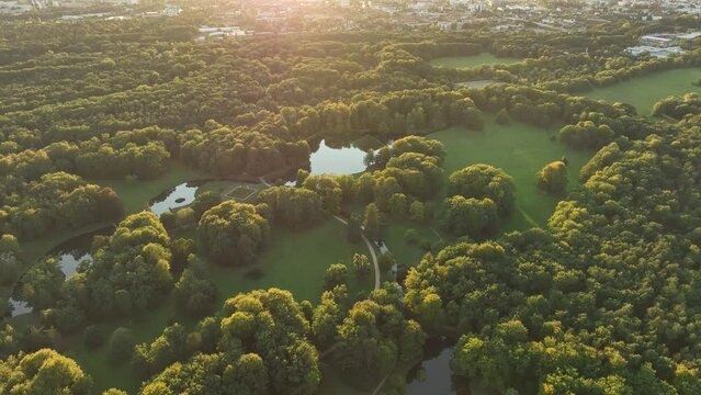 Aerial shot of the Puckler museum park during a beautiful sunset