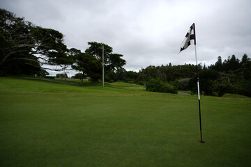 Obraz premium Flag on a golf coarse at the putting hole with lush green turf, taken on a clouded murky day with soft lighting, hole in one