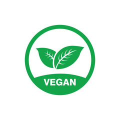 Vegan icon vector. Organic, bio, eco symbol. Vegan, no meat, lactose free, healthy, fresh and non-violent food. Green round vector illustration with leaves for stickers, labels and logos