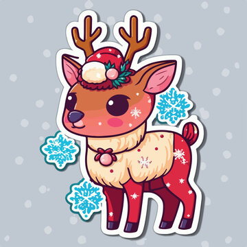 Sticker template with christmas deer, xmas reindeer stickers pack. New-year holidays