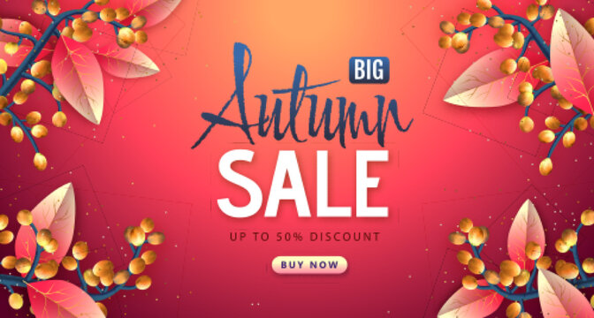 Autumn big sale typography poster with autumn leaves. Nature concept. Vector illustration
