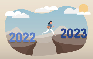 Businessman jumping above two mountains, concept of change from 2022 to 2023, moving forward, hopes, goals, overcoming obstacles and problems. Vector illustration eps10.