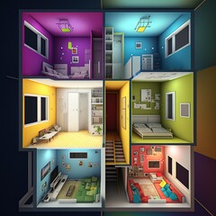 Apartment with four colorful rooms in a living box (3D Rendering) High quality illustration