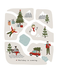 Hand Drawn holiday winter map creator with lake, car, snowman, Christmas pine trees, people and outdoor elements. Flat illustration for poster, greeting card, print