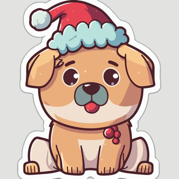 Christmas dog cartoon sticker, xmas puppy stickers elements. Winter holidays