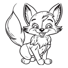 Fototapeta na wymiar Happy fox cartoon outline illustration. Coloring book for children. Black and white vector drawing. Cute wild animal. Isolated school education game. Simple cheerful design for kids. Comic sketch 