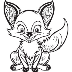 Happy fox cartoon outline illustration. Coloring book for children. Black and white vector drawing. Cute wild animal. Isolated school education game. Simple cheerful design for kids. Comic sketch 